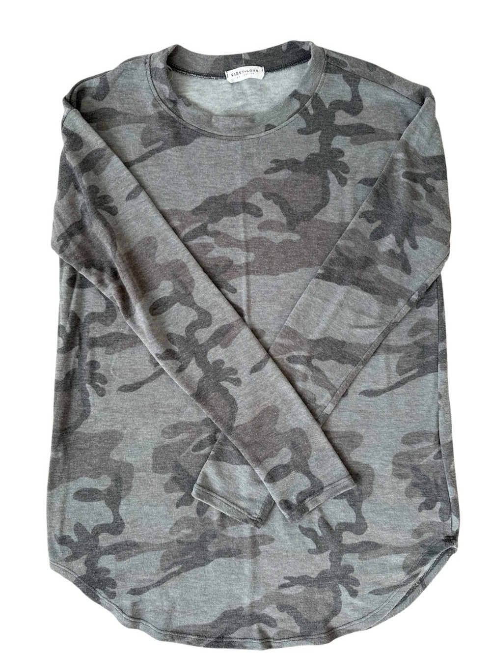 First Love Women's Gray Camo Crewneck Sweater Never Worn